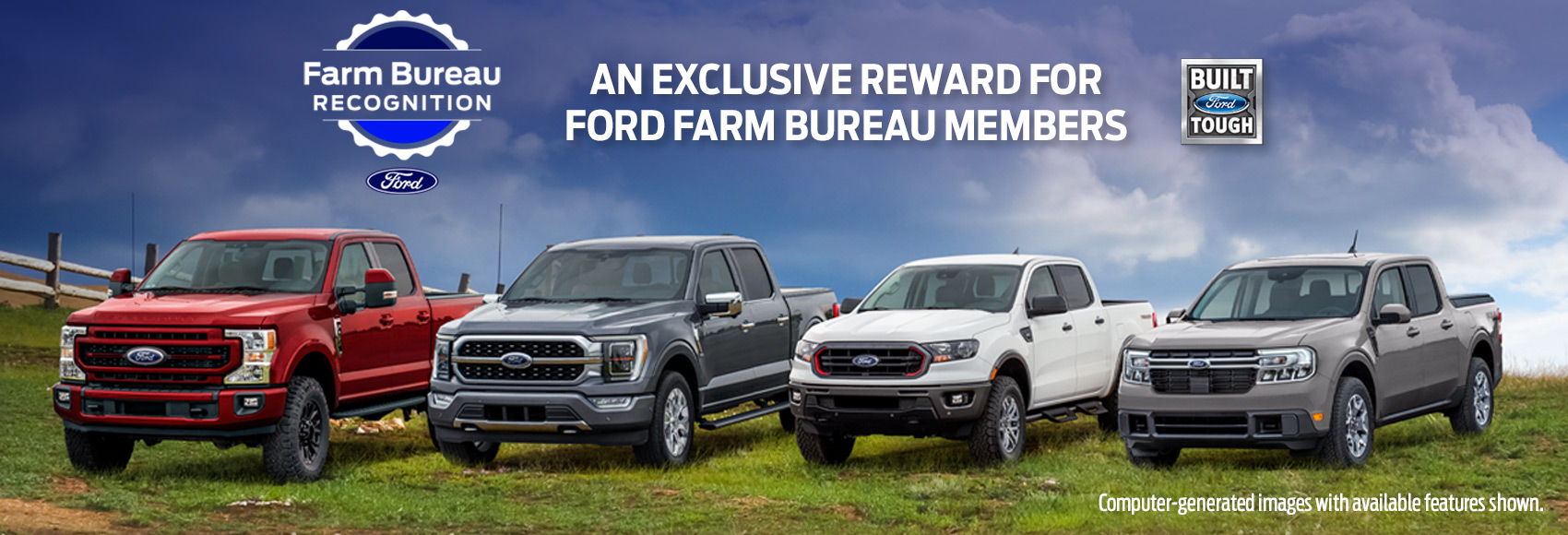An exclusive offer for Ford Farm Bureau members.  Ford F-150, Super Duty, Ranger, and Maverick on a grassy plain.